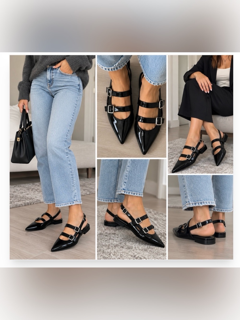 Black Patent Pointed Double-Strap Mary Jane Flats